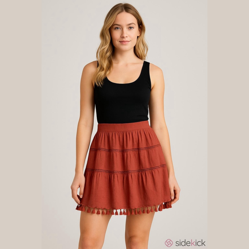 EUC Women's Talbots Red Tiered Tassel Mini Skirt L
